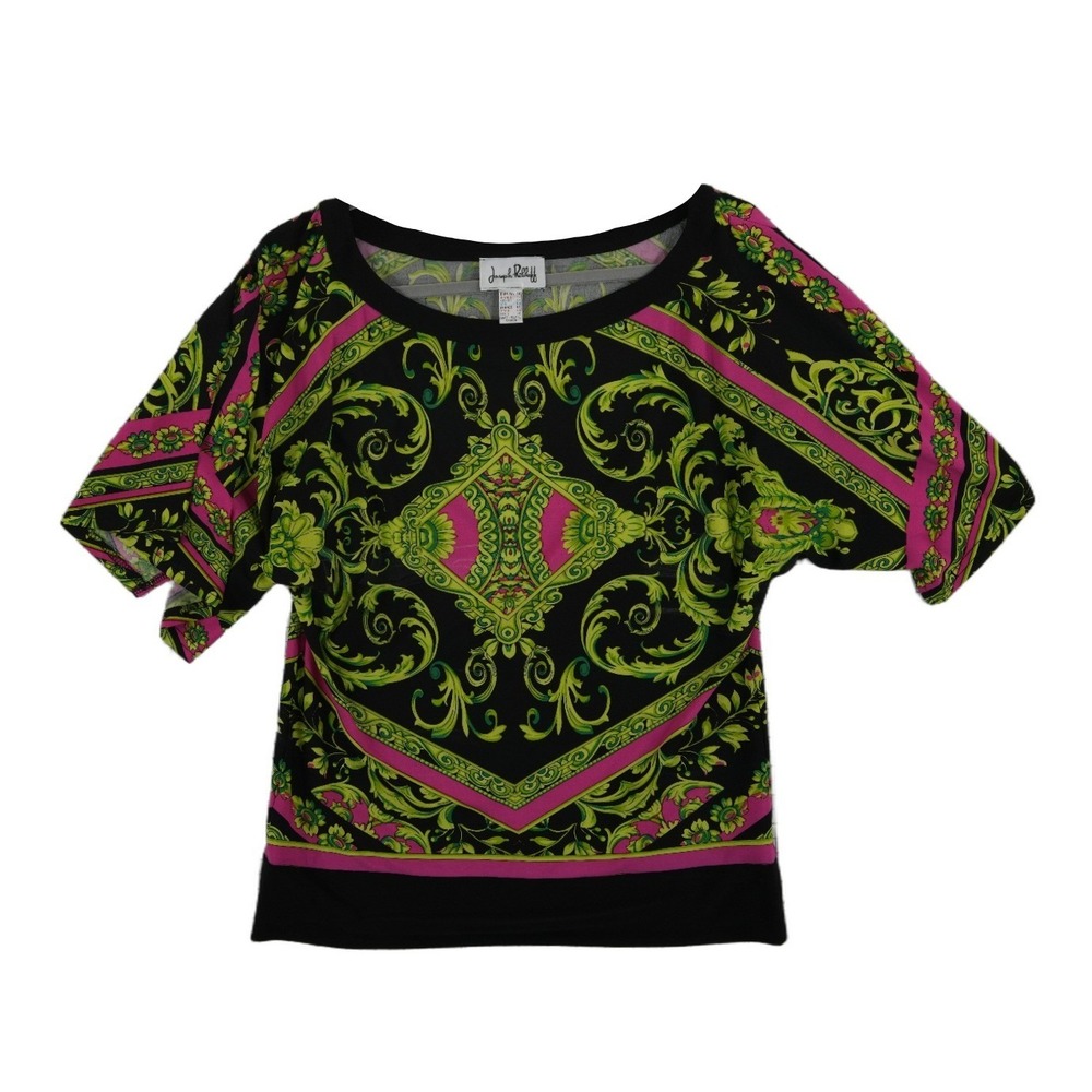 Joseph Ribkoff Top Blouse Women's Size 12 Black Green Pink Baroque Dolman Sleeve